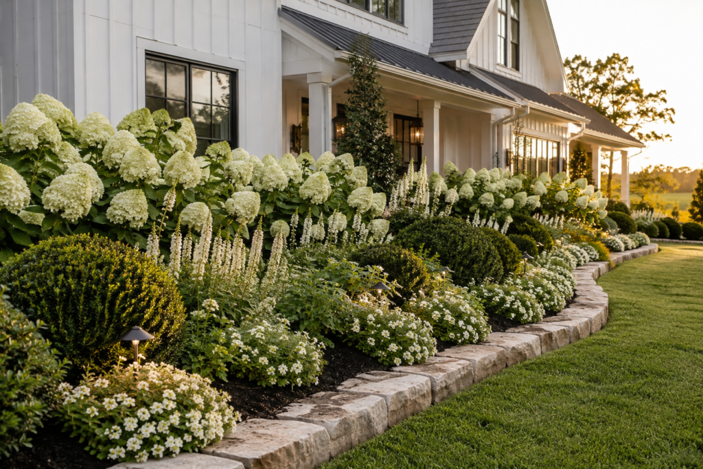 Luxury farmhouse flower bed with white hydrangeas, boxwoods and layered white flowers