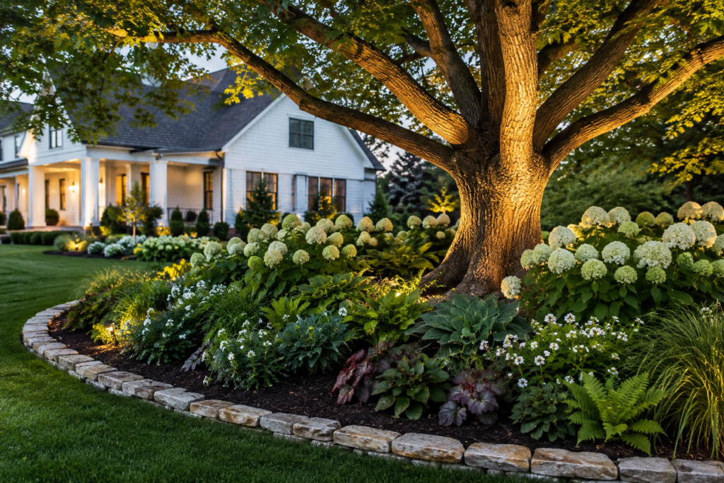 Luxury farmhouse flower bed around a mature tree with hydrangeas, hosts and natural stone edging