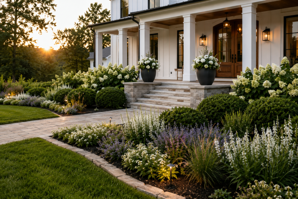 Luxury farmhouse front porch flower bed with white hydrangeas, boxwoods and layered perennial landscaping