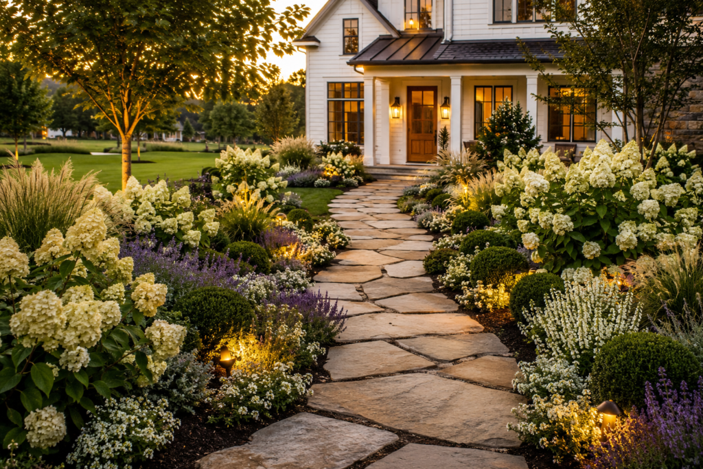 Luxury farmhouse walkway lined with layered flower beds, white hydrangeas, boxwoods and catmint