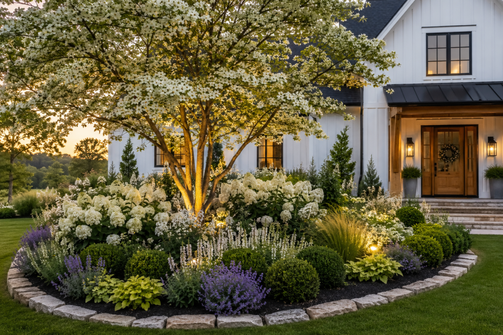 Luxury farmhouse flower bed with flowering dogwood, white hydrangeas, boxwoods and layered perennials