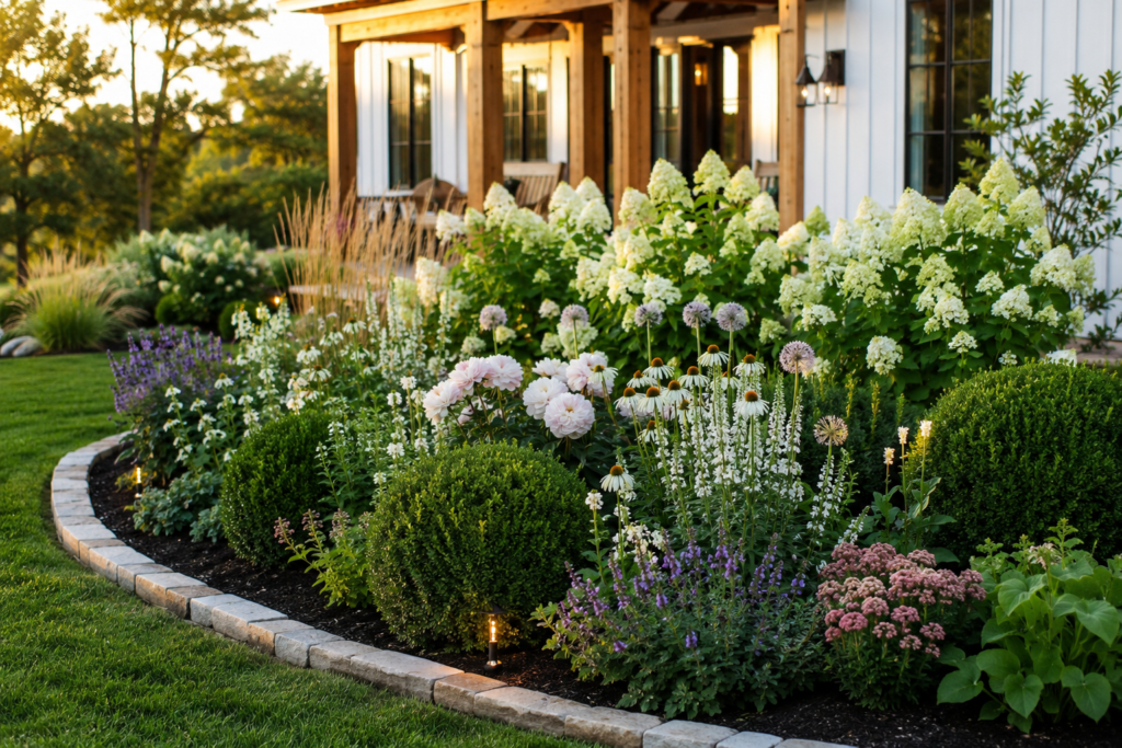 Four-season luxury farmhouse flower bed with hydrangeas, boxwoods, catmint, perennials and ornamental grasses