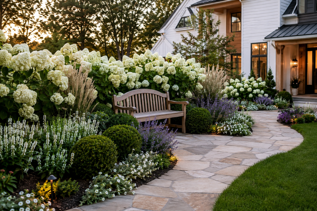 Luxury farmhouse flower beds illuminated with warm landscape lighting around white hydrangeas, boxwoods and ornamental grasses