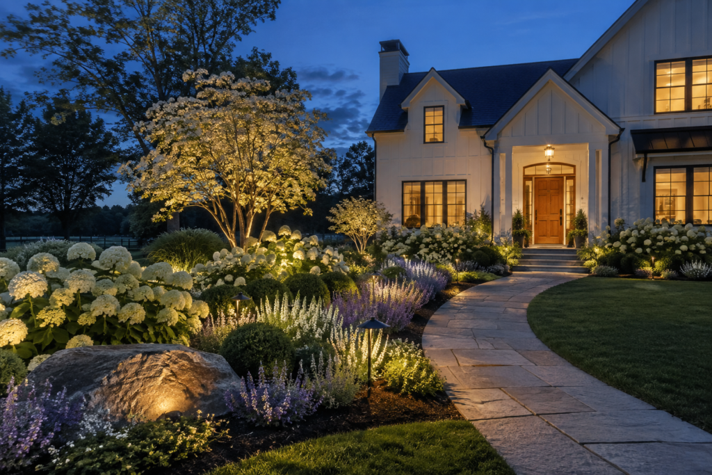 Luxury farmhouse flower beds illuminated with warm landscape lighting around white hydrangeas, boxwoods and ornamental grasses