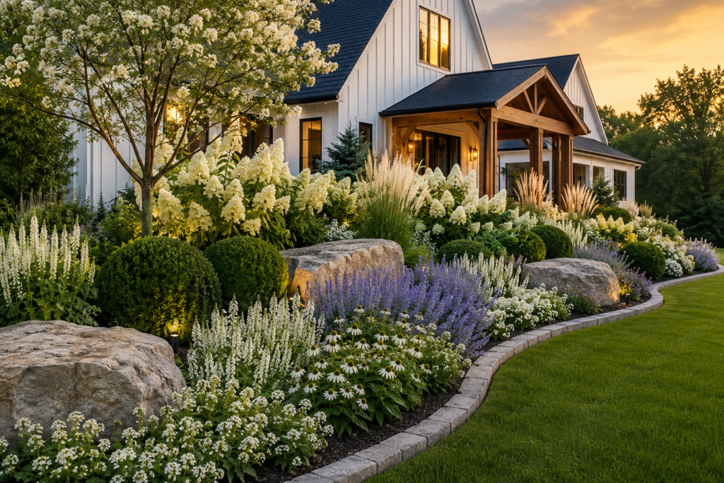 Extra-deep luxury farmhouse flower bed layered with white hydrangeas, boxwoods, ornamental grasses and flowering perennials