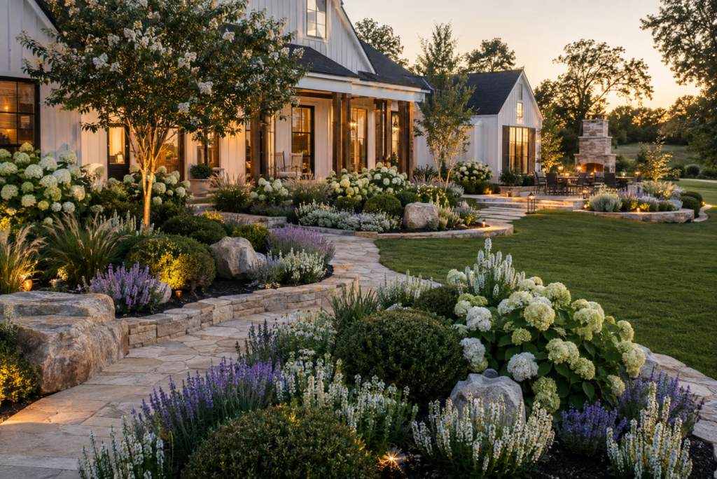 Cohesive luxury farmhouse landscaping with repeating hydrangeas, boxwoods, catmint and limestone flower beds