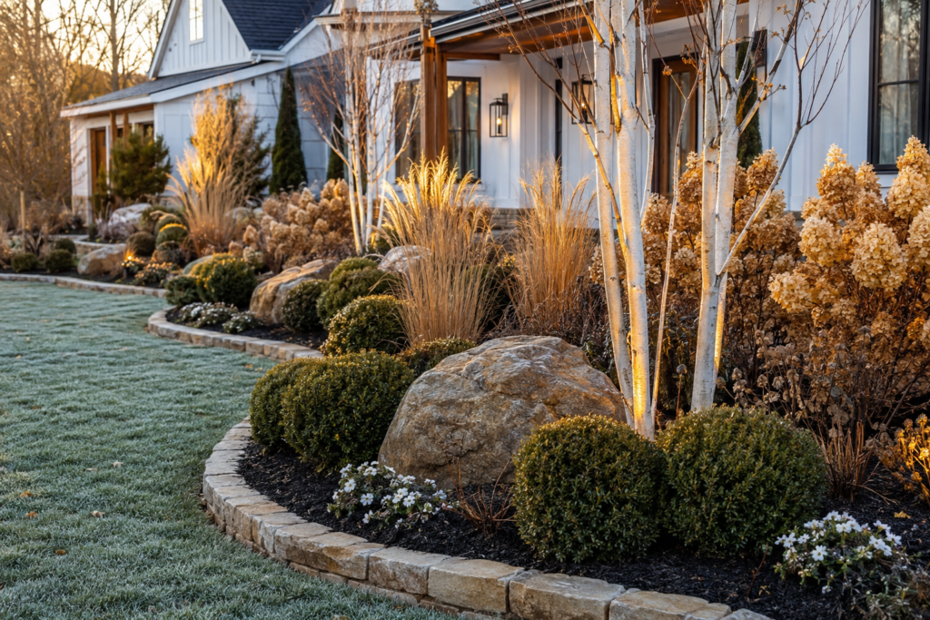 Luxury farmhouse flower bed with evergreen boxwoods, dried hydrangeas, ornamental grasses and limestone for winter interest
