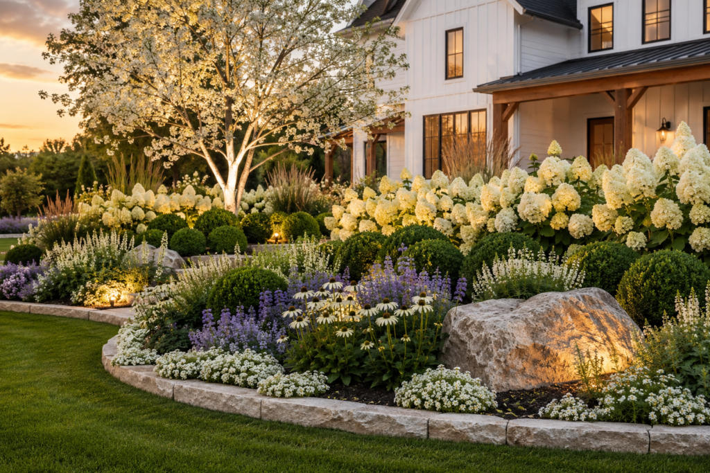 Luxury farmhouse flower bed with white Limelight hydrangeas, boxwoods, catmint, ornamental grasses and natural limestone