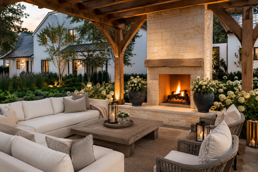 Pergola with fireplace ideas for a luxury farmhouse backyard