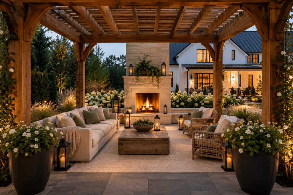 Luxury farmhouse pergola with outdoor kitchen, limestone fireplace, bar seating and outdoor living area