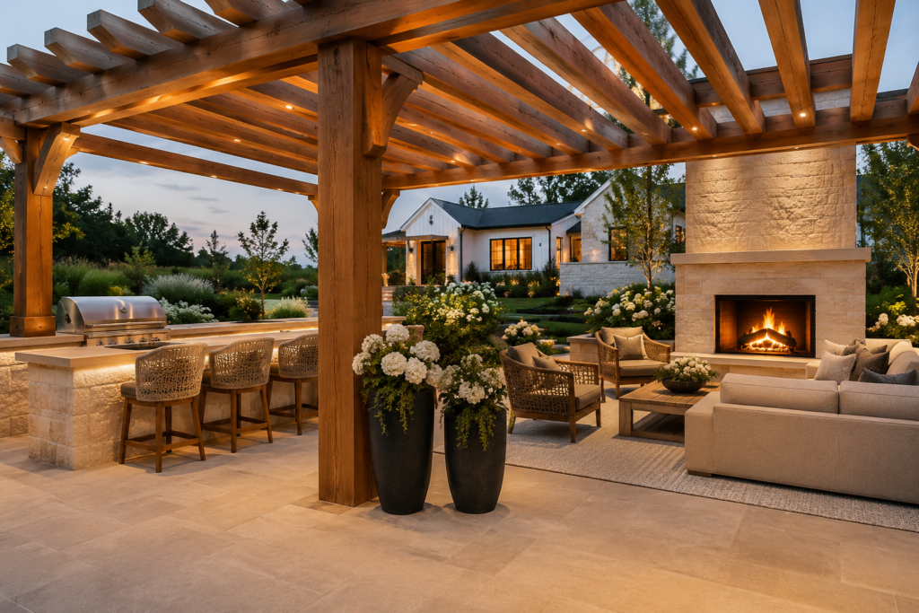 Luxury farmhouse pergola with outdoor kitchen, limestone fireplace, bar seating and outdoor living area