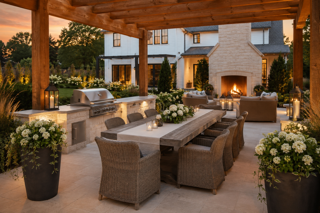 Luxury farmhouse pergola with outdoor dining table between an outdoor kitchen and limestone fireplace
