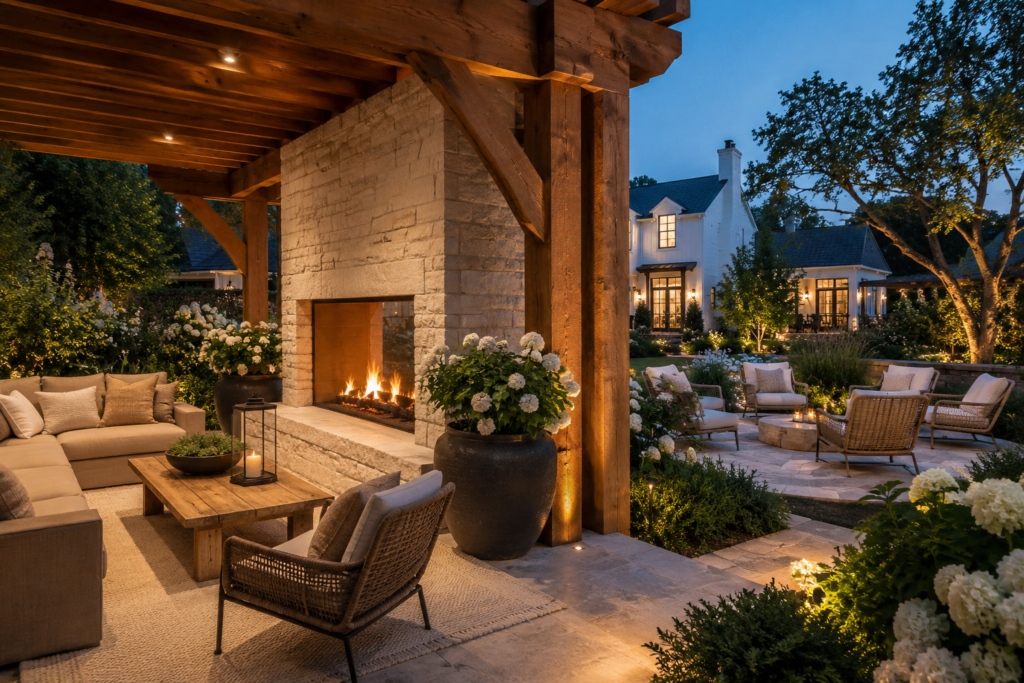 Luxury farmhouse pergola with double-sided limestone fireplace connecting two outdoor living spaces