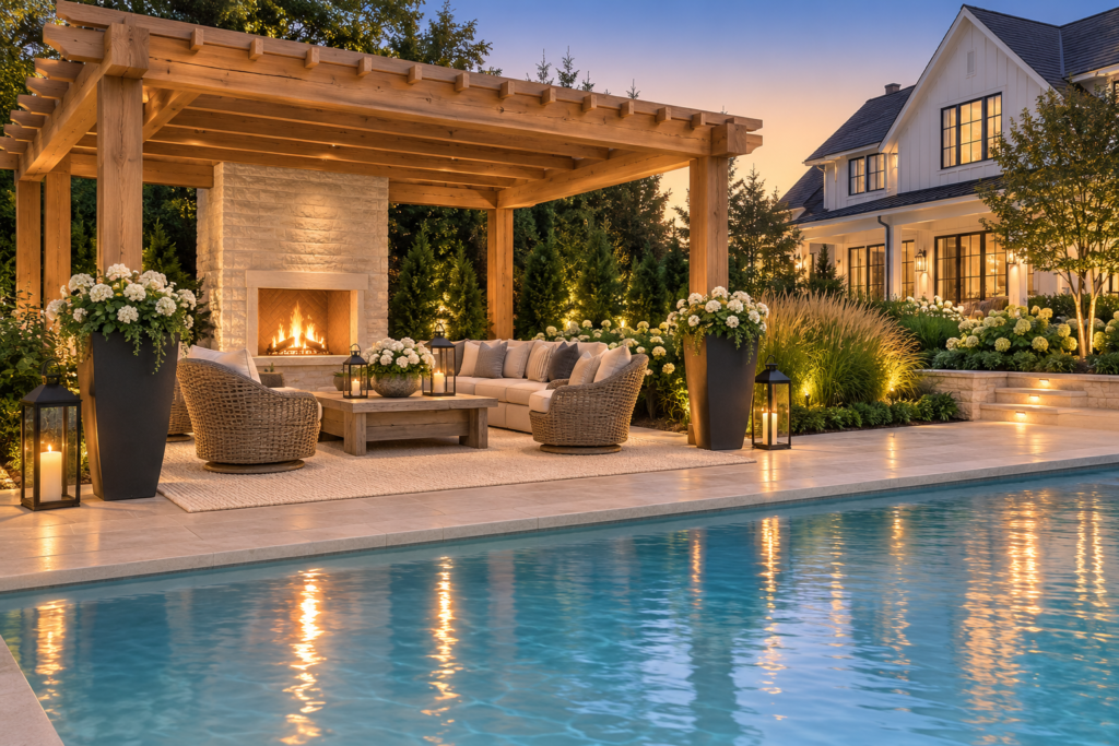 Luxury farmhouse poolside cedar pergola with limestone fireplace, cream seating and landscaped swimming pool