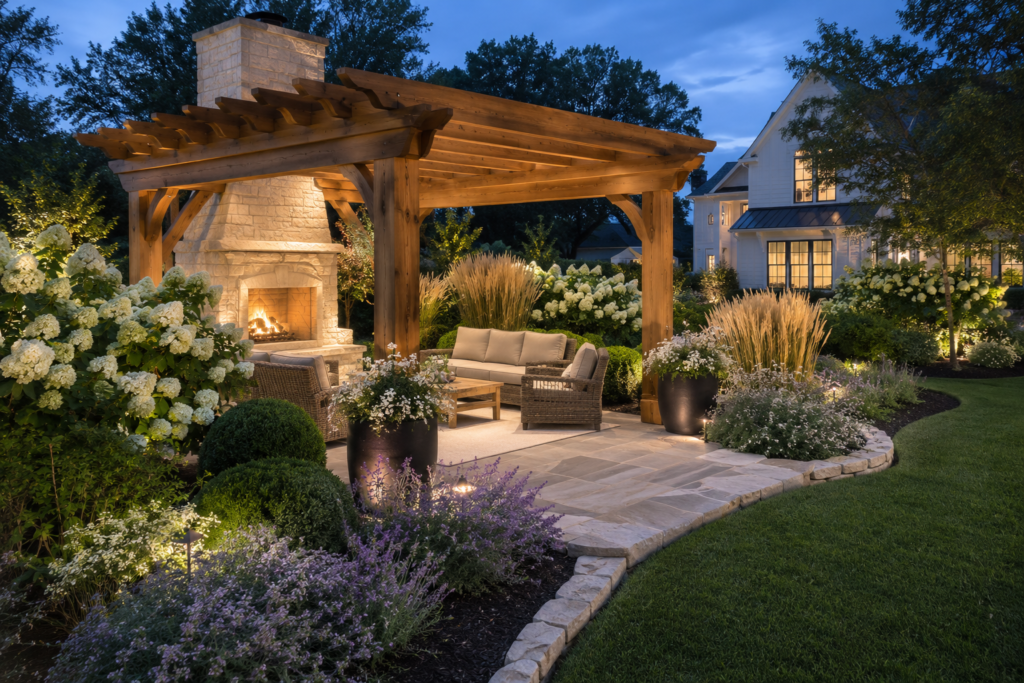 Luxury farmhouse pergola with limestone fireplace surrounded by white hydrangeas and layered landscaping