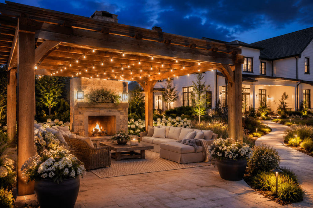 Farmhouse pergola with limestone fireplace and warm string lights for cozy evening outdoor living