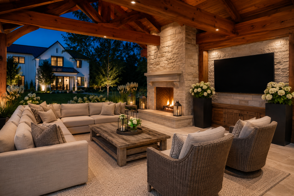 Luxury farmhouse pergola with limestone fireplace, outdoor TV wall and cozy seating
