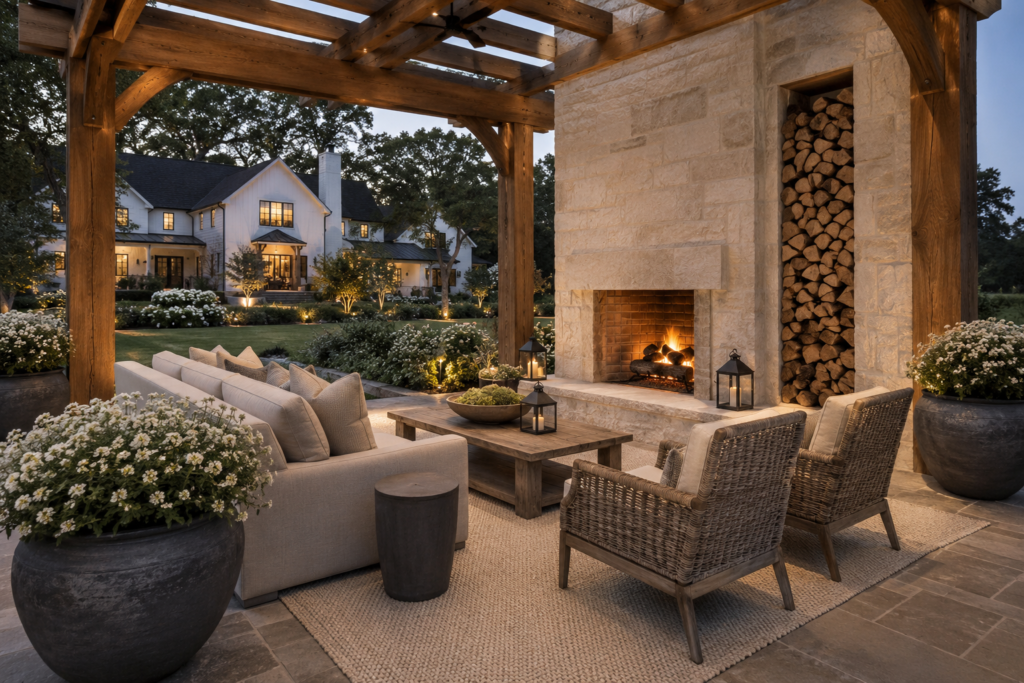 Luxury farmhouse cedar pergola with limestone fireplace and built-in firewood storage niche