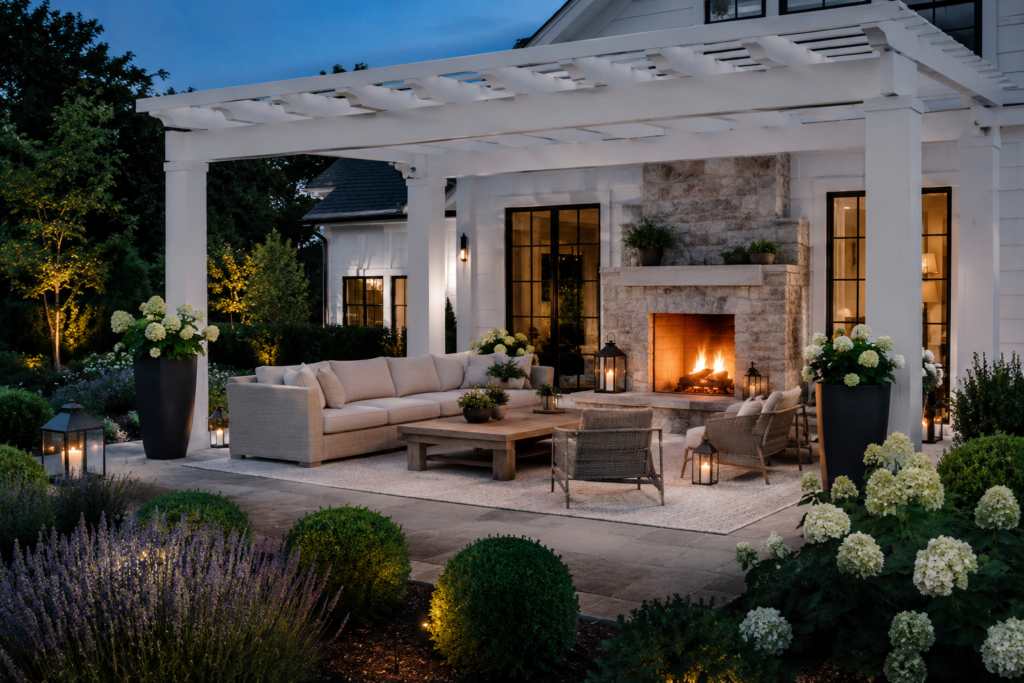 White farmhouse pergola with natural limestone fireplace, cream outdoor seating and hydrangea landscaping