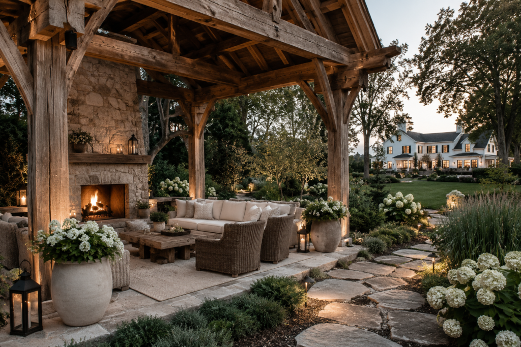 Rustic timber-frame farmhouse pergola with massive natural-stone fireplace and cream outdoor seating