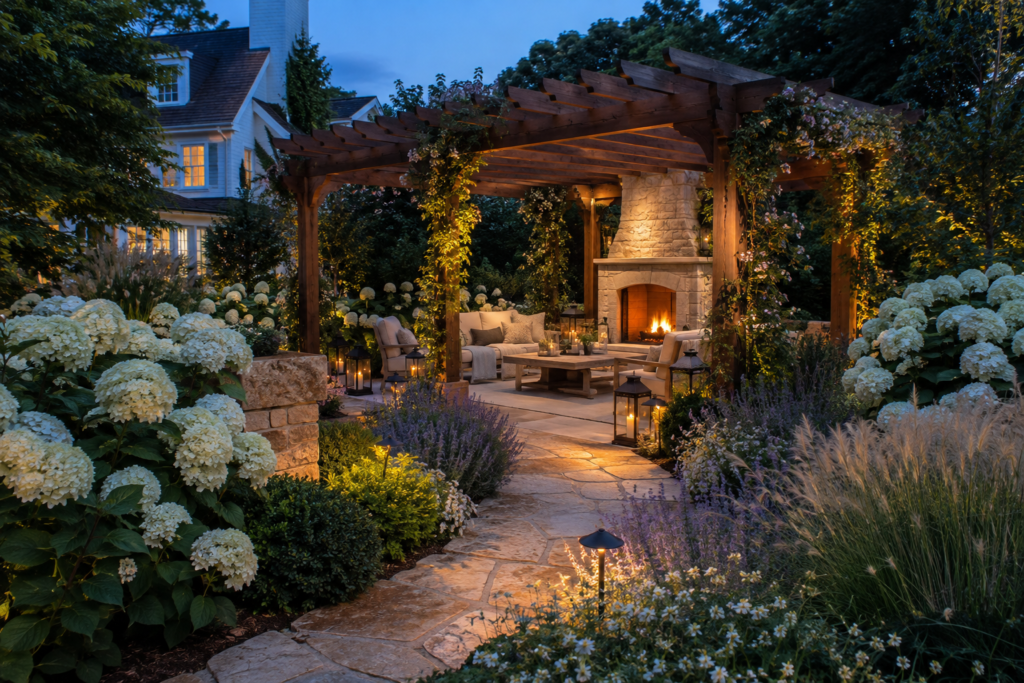 Romantic farmhouse garden pergola with limestone fireplace, hydrangeas and a winding stone path