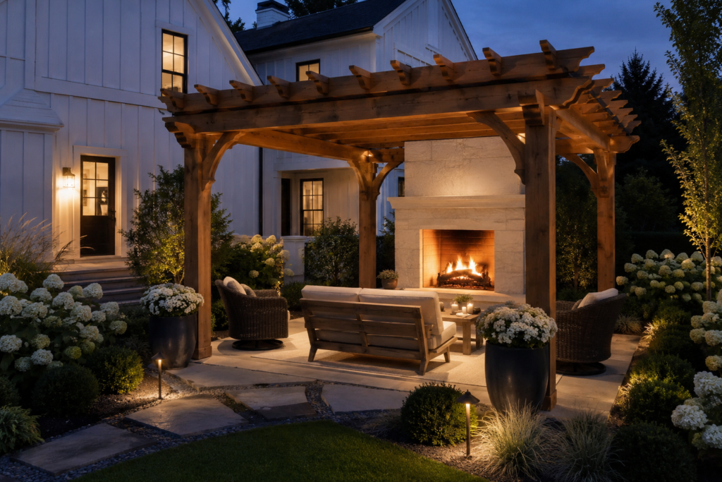 Small farmhouse cedar pergola with limestone fireplace and cozy outdoor seating