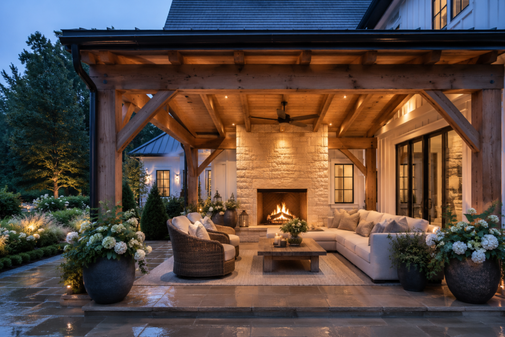 Covered farmhouse cedar pergola with limestone fireplace and all-weather outdoor living room