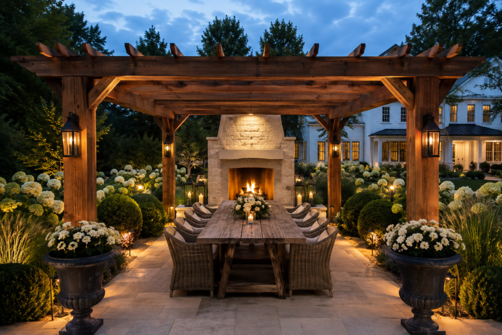 Luxury farmhouse pergola dining room with long wood table and creamy limestone fireplace
