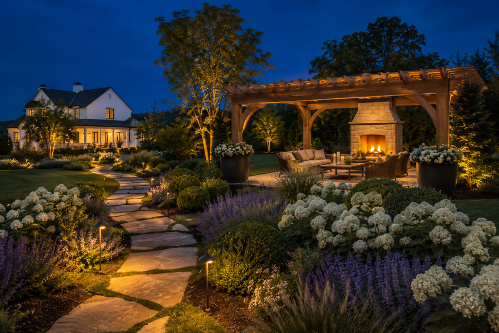 Freestanding farmhouse pergola with limestone fireplace at the end of a landscaped garden path