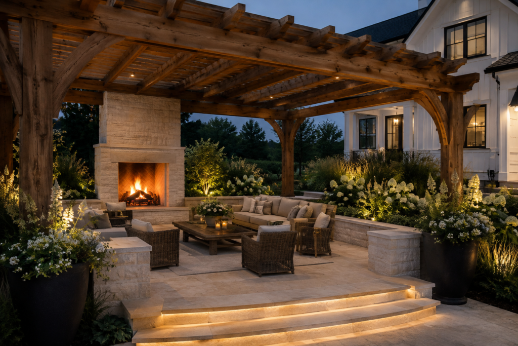Luxury farmhouse pergola with limestone fireplace and sunken outdoor conversation area