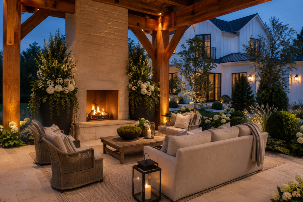 Farmhouse pergola fireplace framed by oversized black planters filled with white flowers and greenery