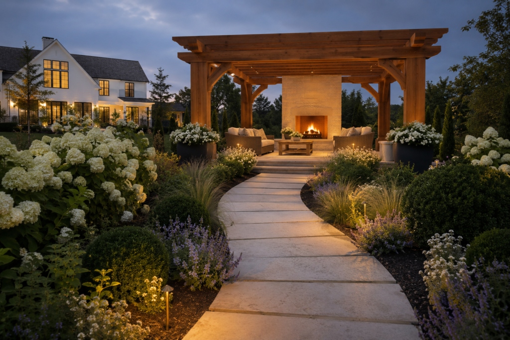 Limestone garden path leading through hydrangeas to a farmhouse cedar pergola with an outdoor fireplace