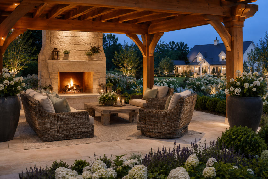 Farmhouse cedar pergola fireplace lounge with cream sofa and woven outdoor swivel chairs