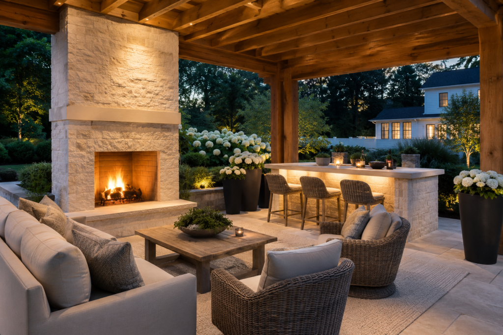 Luxury farmhouse pergola with limestone fireplace, built-in outdoor bar and woven counter stools
