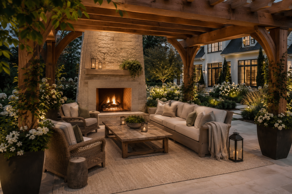 Cozy farmhouse pergola fireplace lounge with oversized ivory outdoor rug and layered neutral textiles