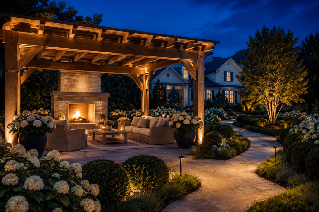 Luxury farmhouse pergola with limestone fireplace and layered landscape lighting at blue hour