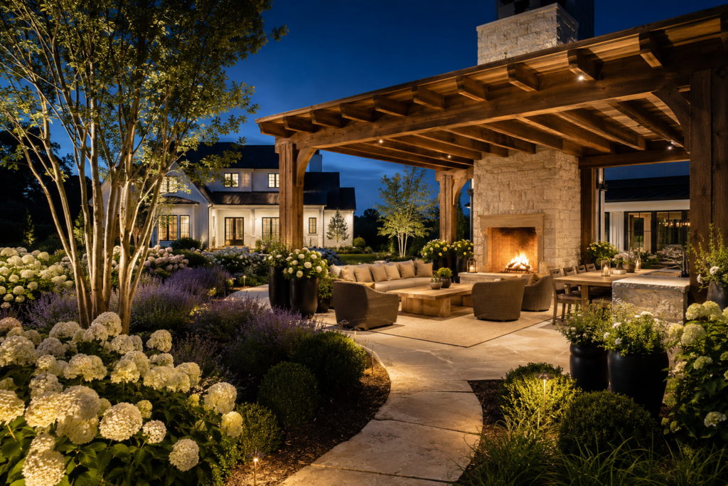 Ultimate luxury farmhouse pergola with limestone fireplace, outdoor living room, dining area and professionally landscaped garden