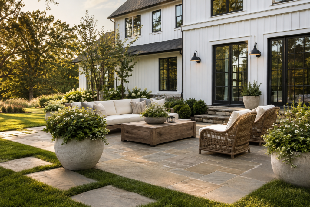 Modern farmhouse backyard patio with neutral outdoor furniture, stone pavers and oversized planters.