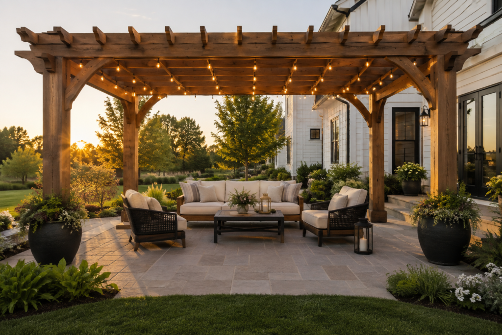 Modern farmhouse backyard with a wood pergola, string lights and cozy outdoor seating.