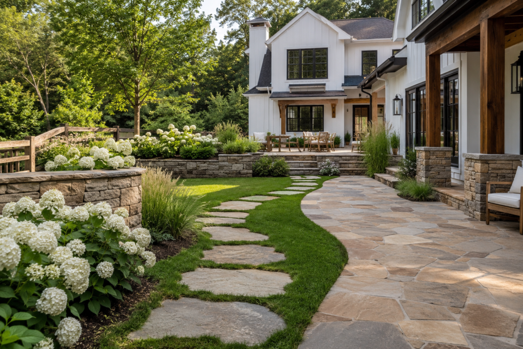 Modern farmhouse backyard featuring natural stone patio, garden walls and landscaped pathways.