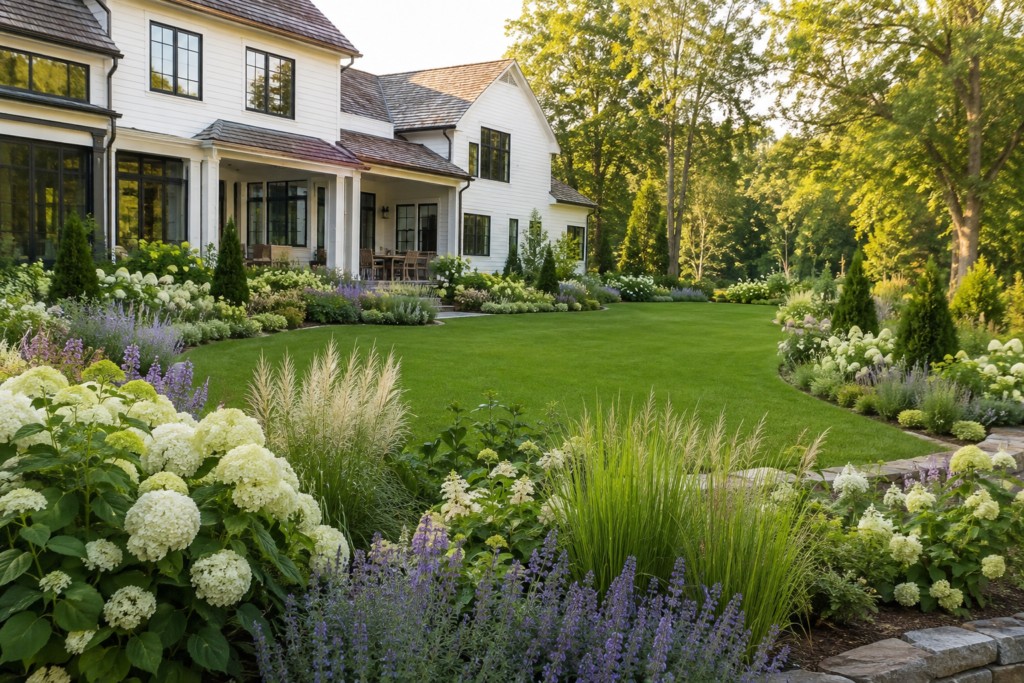 Modern farmhouse backyard landscaping with hydrangeas, ornamental grasses and layered garden beds.