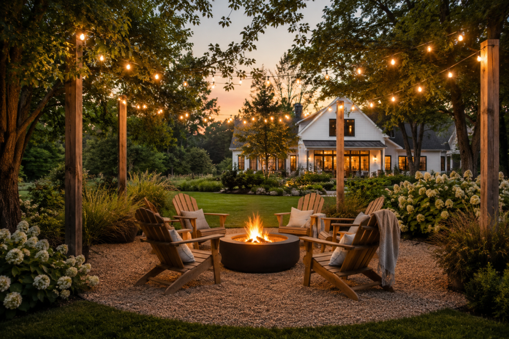 Modern farmhouse gravel fire pit area with Adirondack chairs, landscaping and string lights.