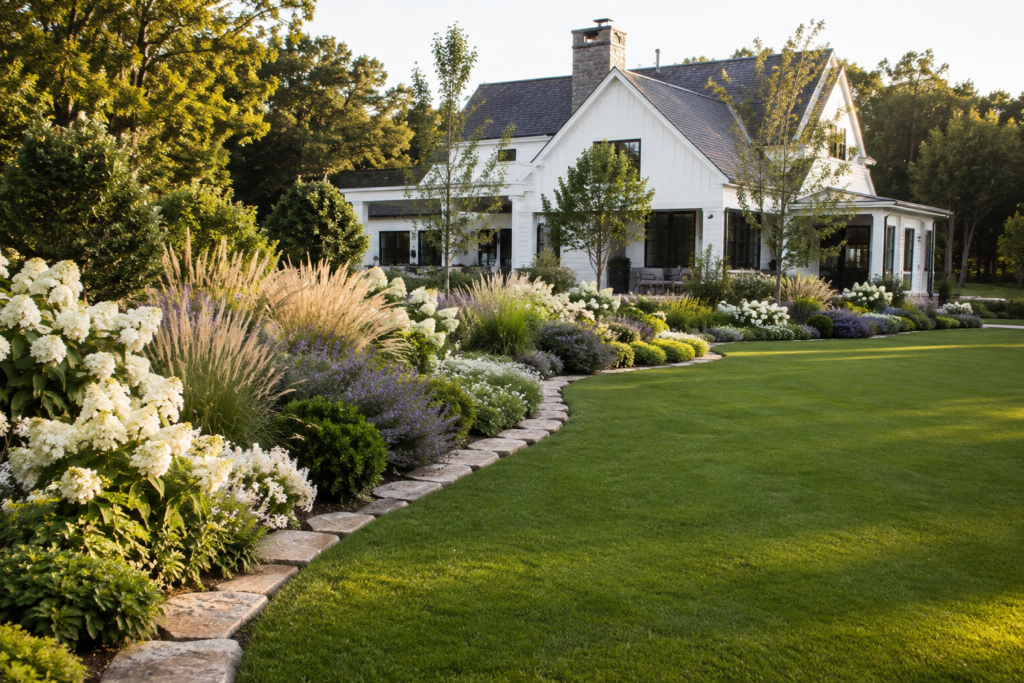 Large modern farmhouse flower beds with hydrangeas, ornamental grasses and layered perennial landscaping.