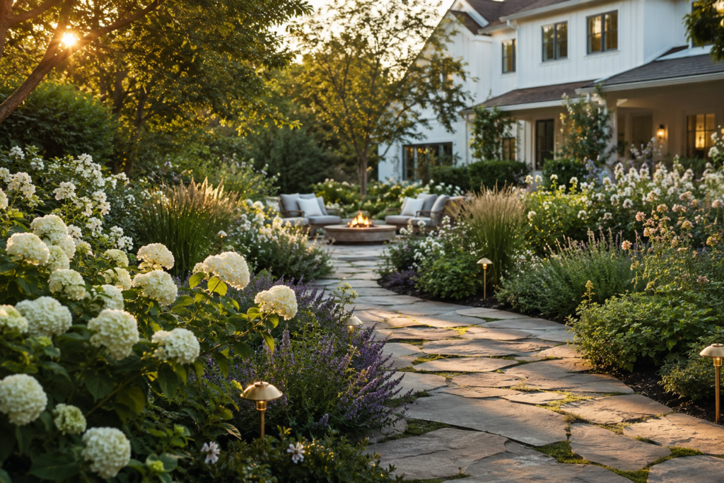 Farmhouse garden path winding through hydrangeas and ornamental grasses with warm landscape lighting.
