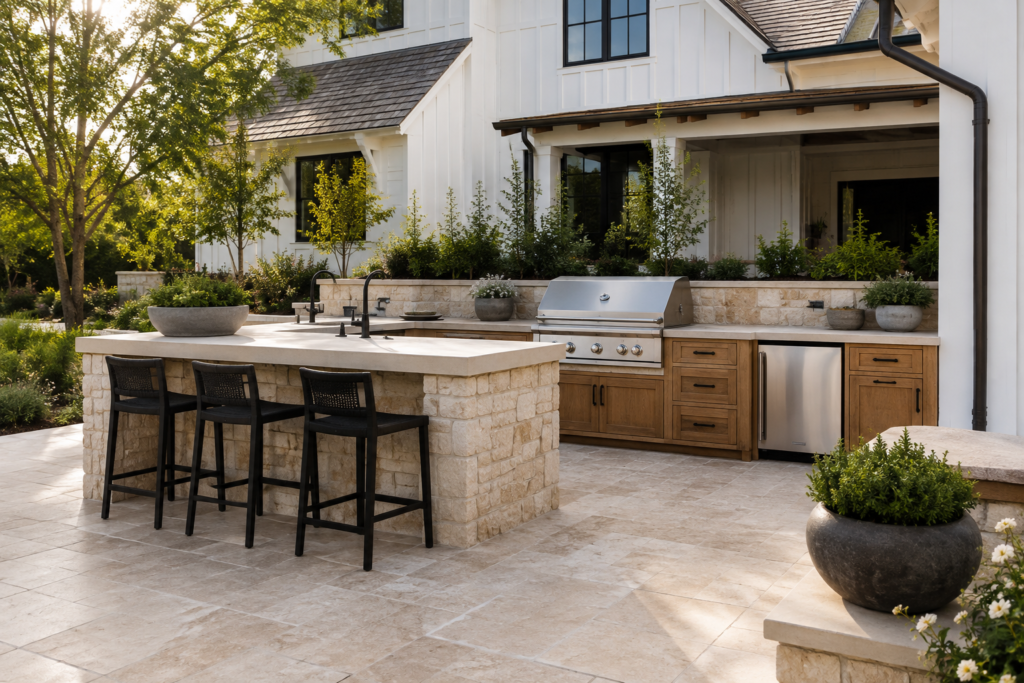 Modern farmhouse outdoor kitchen with stone, wood accents, built-in grill and counter seating.