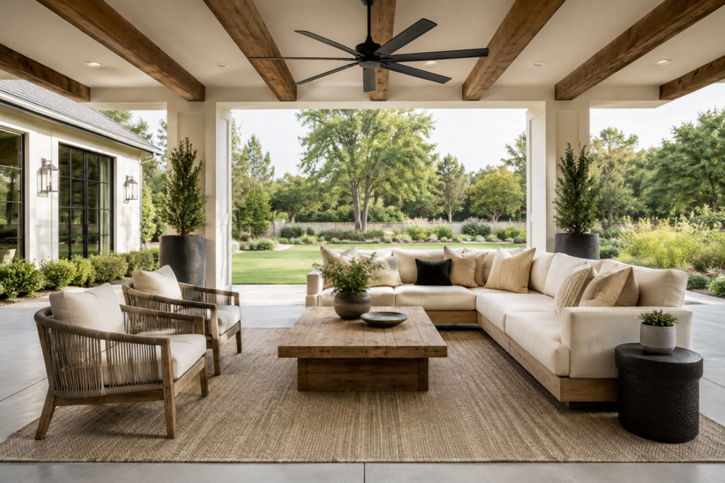 Covered modern farmhouse patio with exposed wood beams, neutral furniture and black accents.