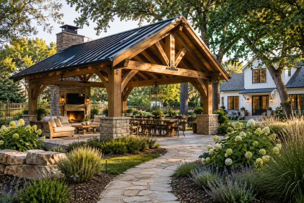 Luxury modern farmhouse backyard pavilion with timber beams, stone columns and outdoor seating.