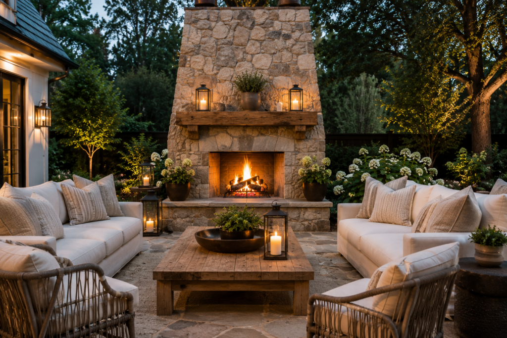 Modern farmhouse outdoor stone fireplace surrounded by neutral patio seating and landscaped gardens.