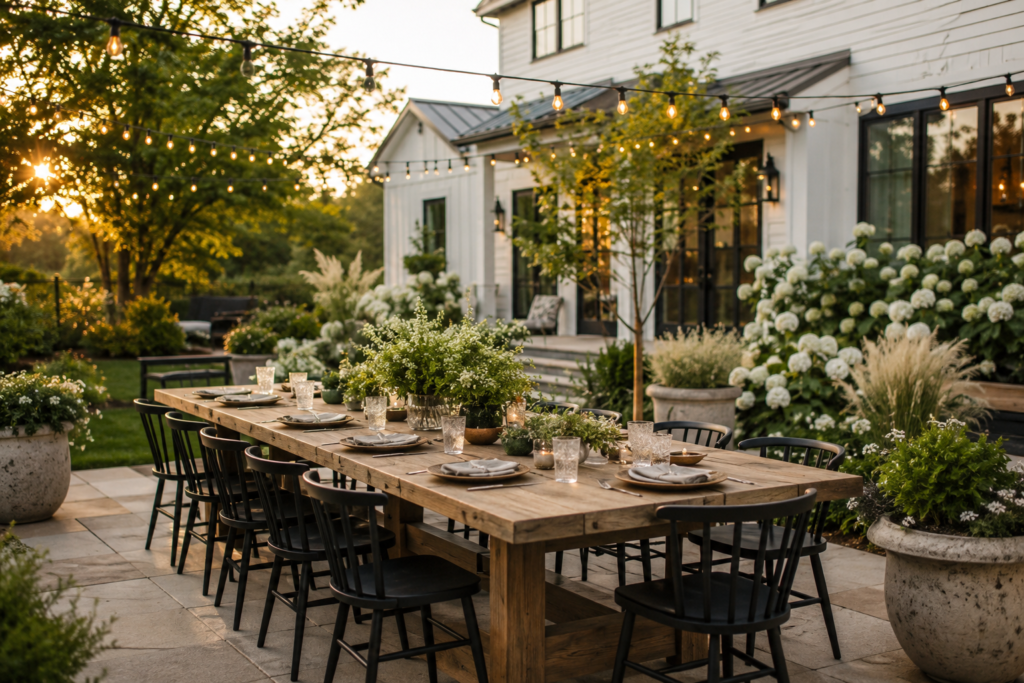 Modern farmhouse backyard dining area with a long wood table, black chairs and warm string lights.