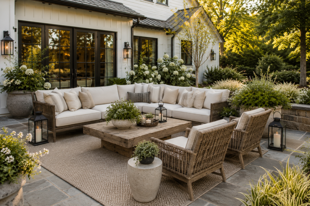Modern farmhouse outdoor living room with cream seating, natural wood furniture and neutral decor.